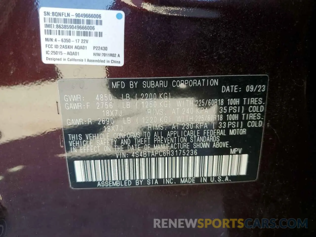 13 fotografías del automóvil dañado 4S4BTAPC6R3175236 SUBARU OUTBACK 2024