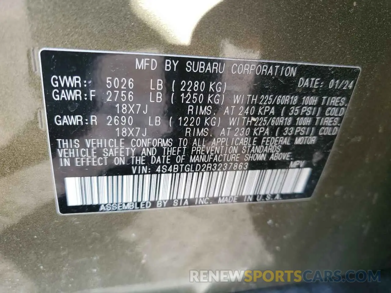 13 fotografías del automóvil dañado 4S4BTGLD2R3237863 SUBARU OUTBACK 2024