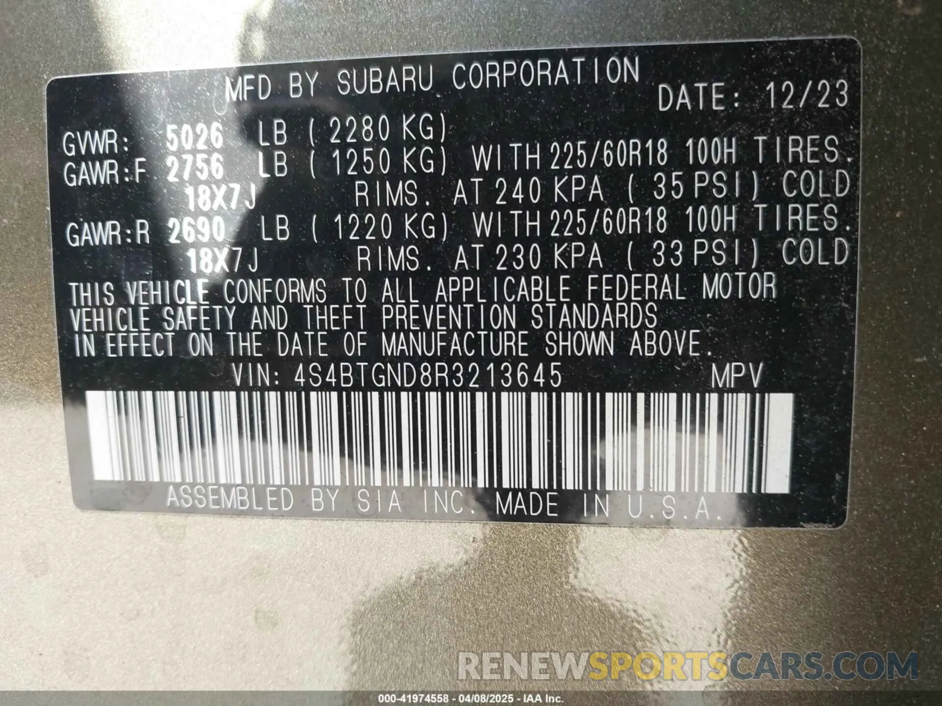 9 fotografías del automóvil dañado 4S4BTGND8R3213645 SUBARU OUTBACK 2024