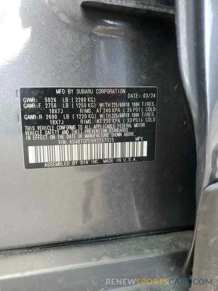 13 fotografías del automóvil dañado 4S4BTGPD5R3257325 SUBARU OUTBACK 2024
