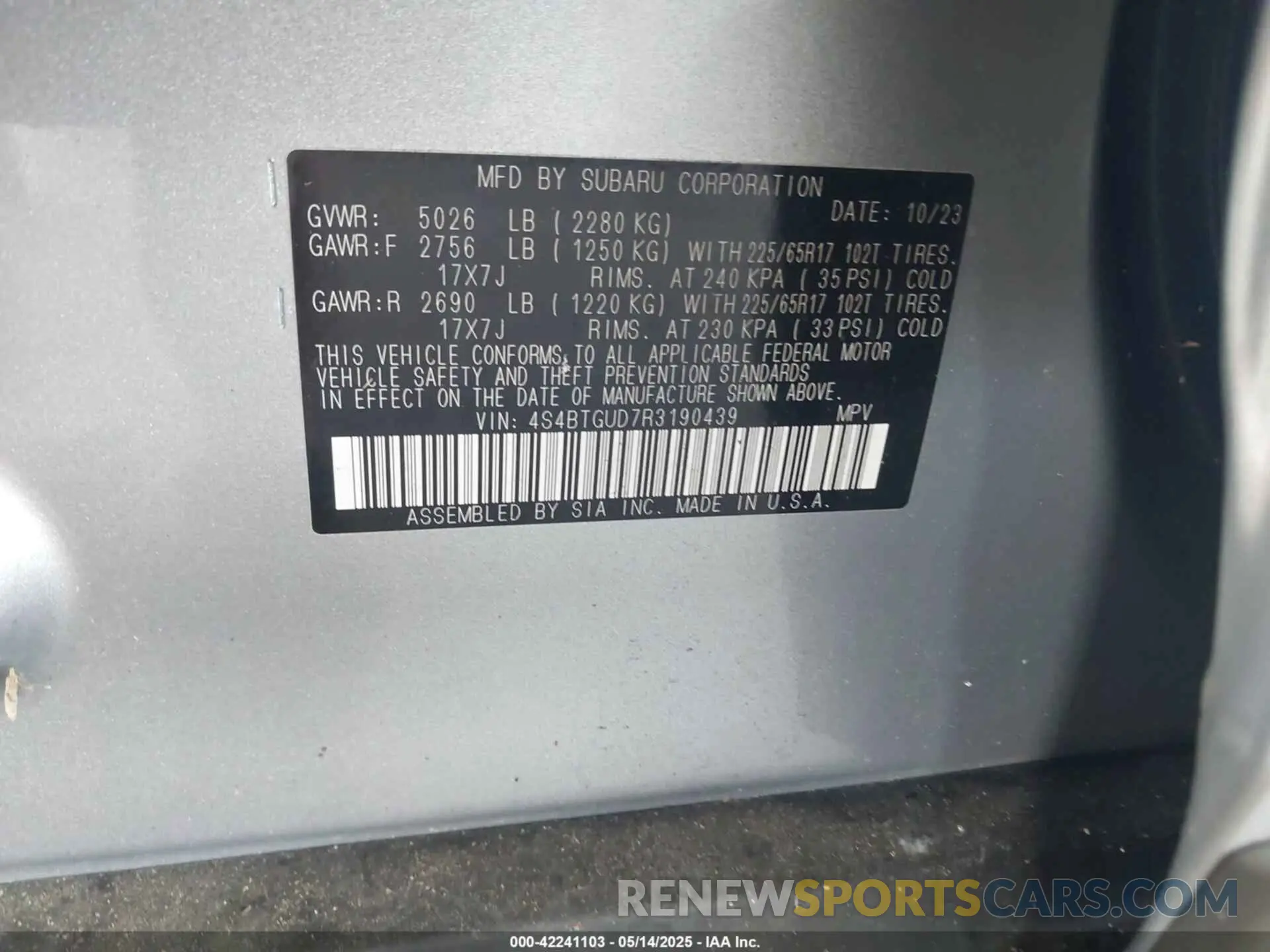 9 fotografías del automóvil dañado 4S4BTGUD7R3190439 SUBARU OUTBACK 2024