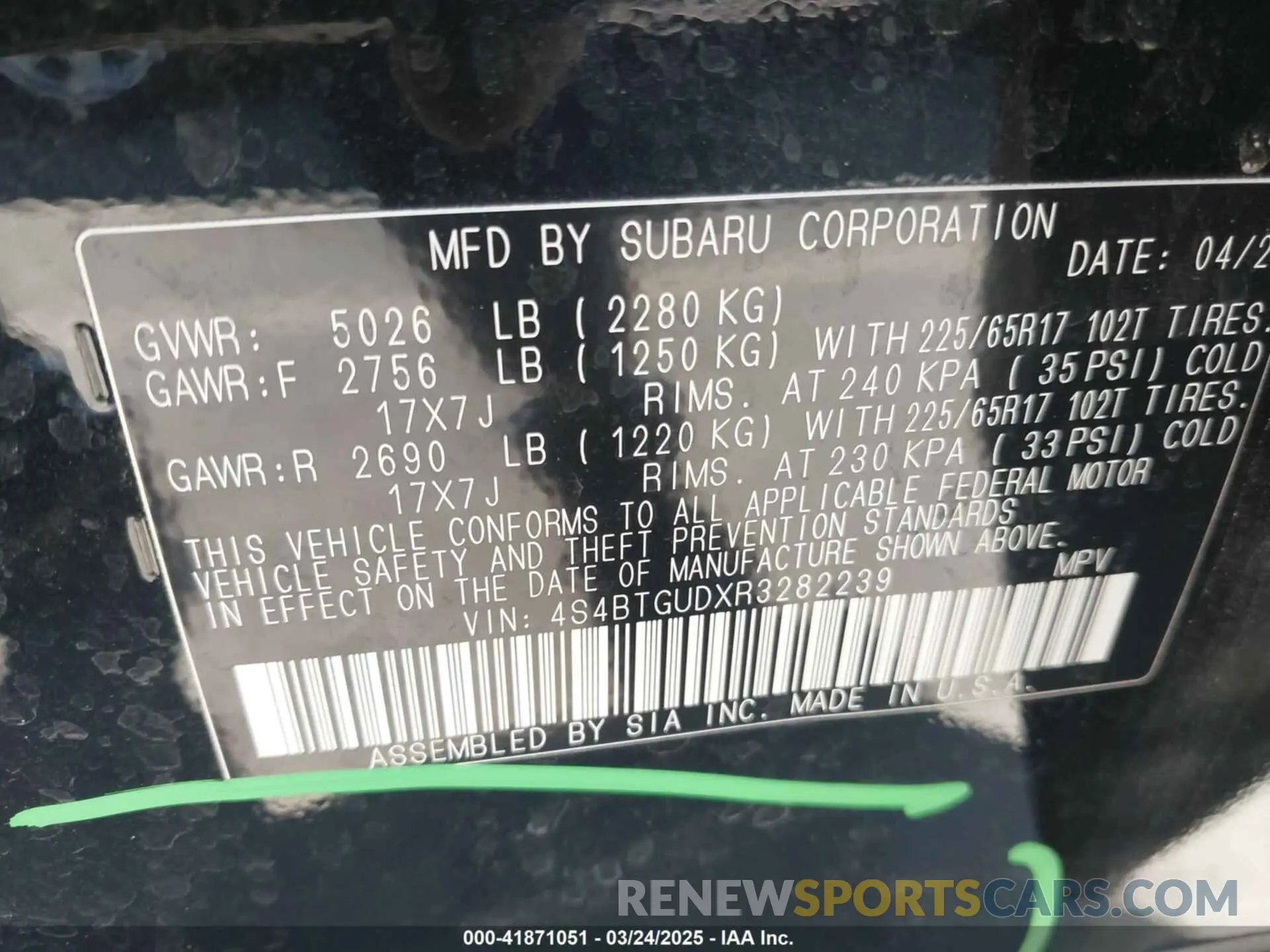 9 fotografías del automóvil dañado 4S4BTGUDXR3282239 SUBARU OUTBACK 2024