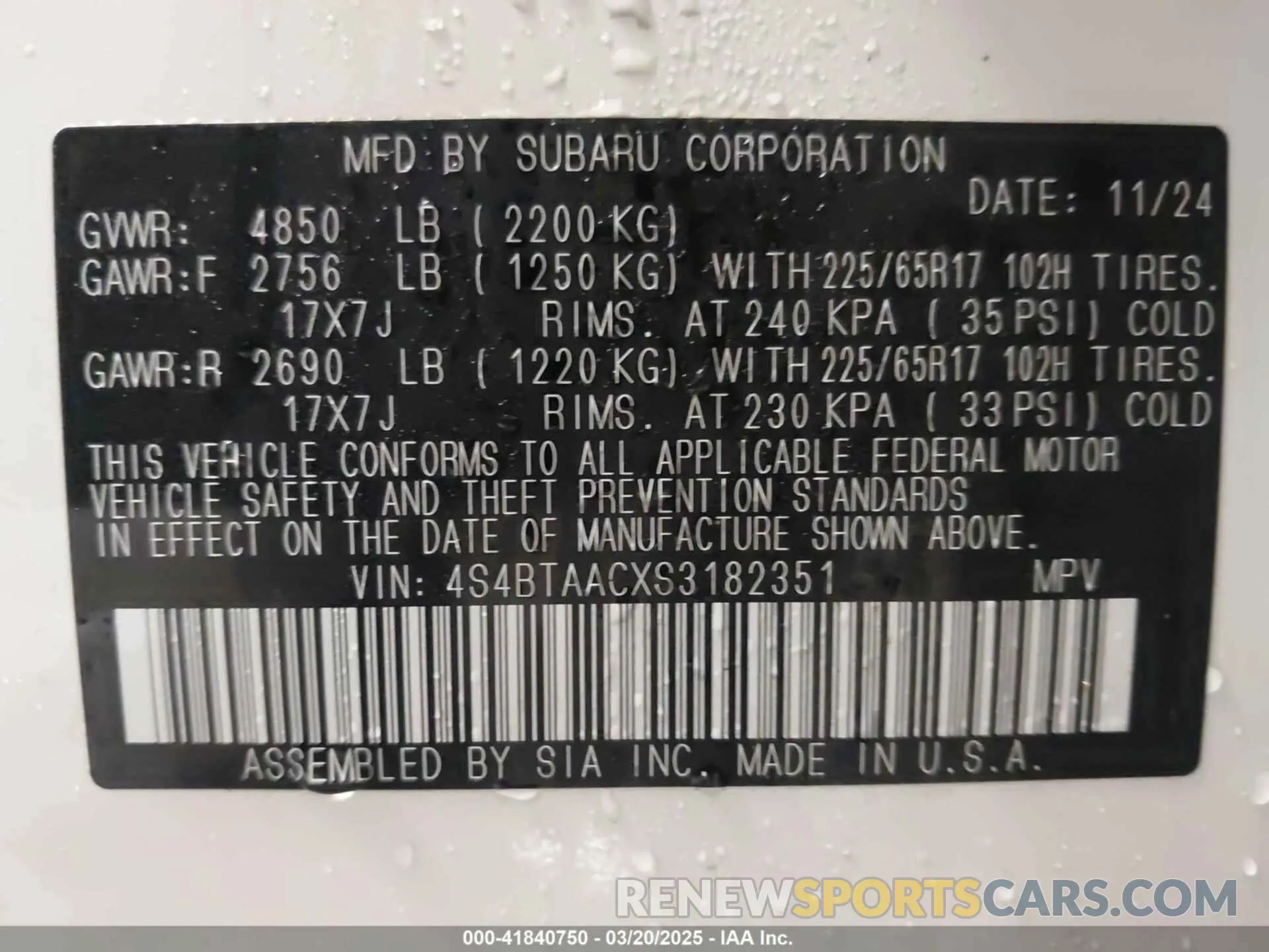 9 fotografías del automóvil dañado 4S4BTAACXS3182351 SUBARU OUTBACK 2025