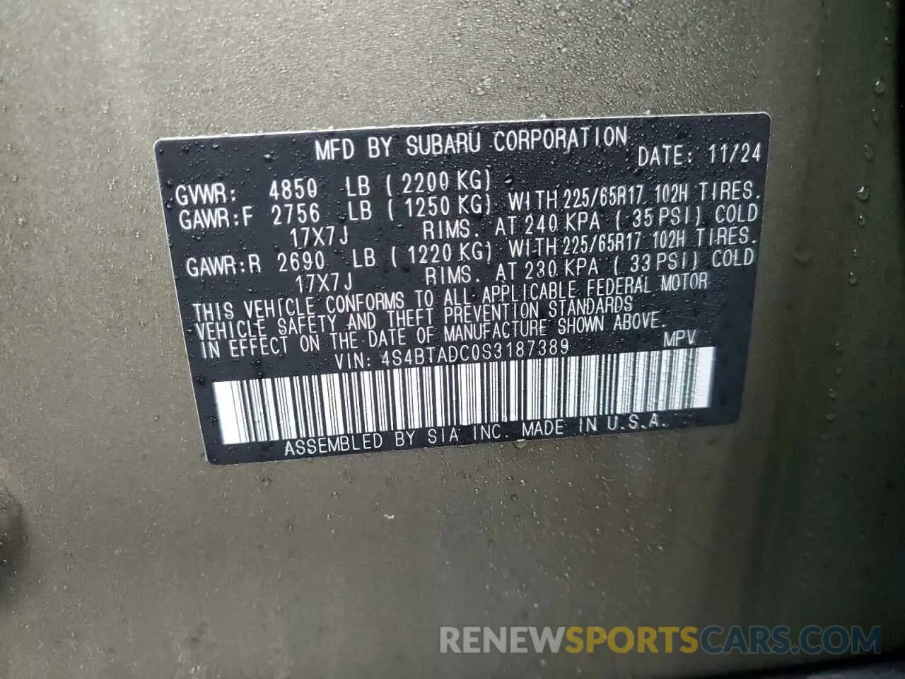 13 fotografías del automóvil dañado 4S4BTADC0S3187389 SUBARU OUTBACK 2025