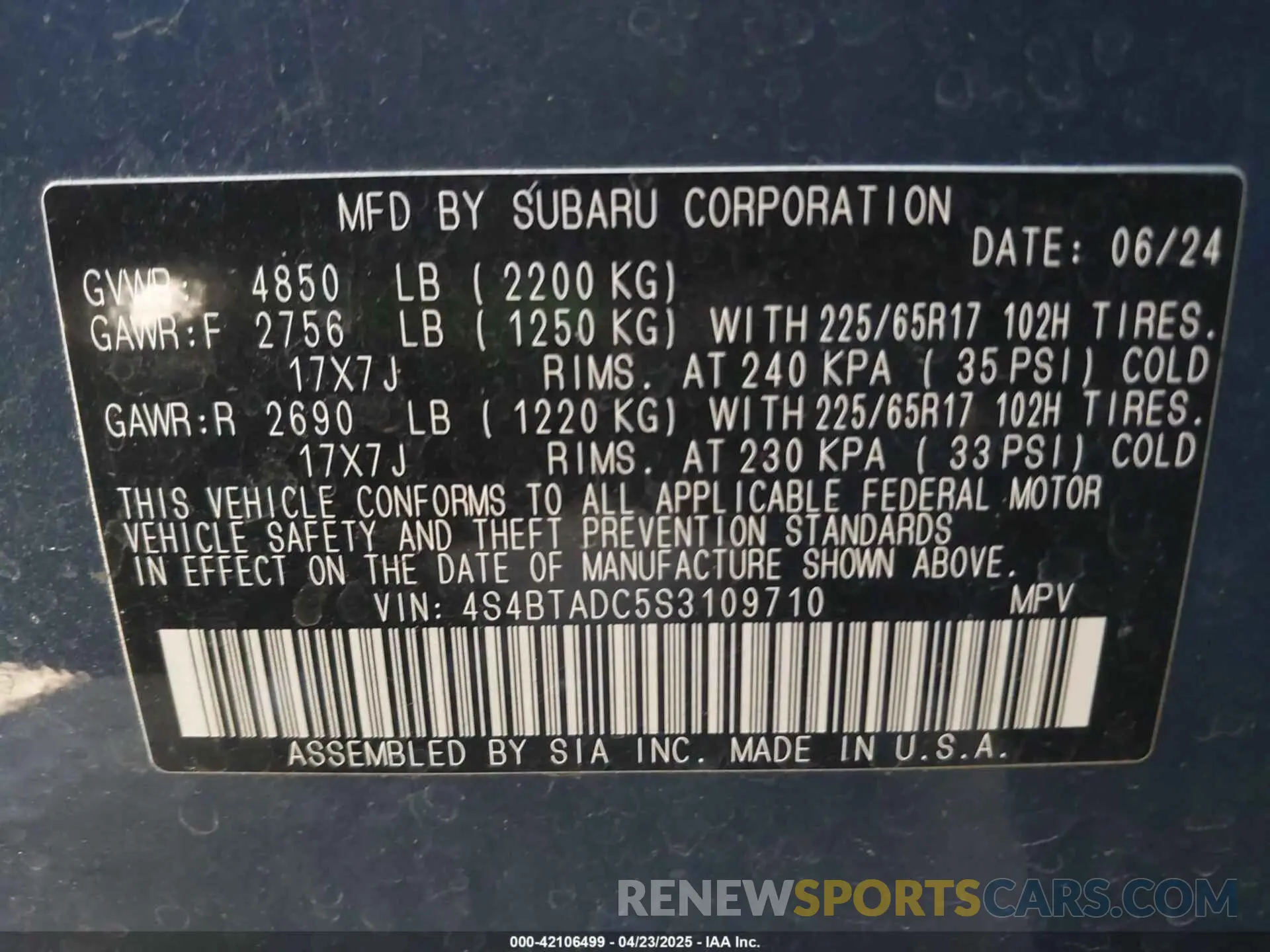 9 fotografías del automóvil dañado 4S4BTADC5S3109710 SUBARU OUTBACK 2025