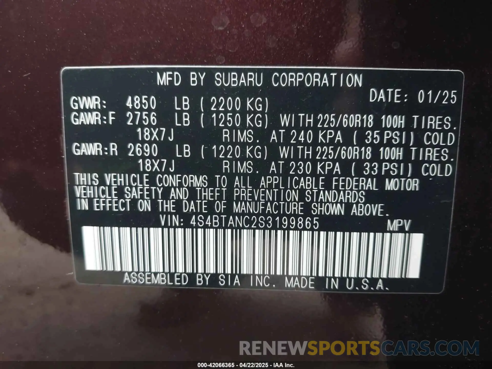 9 fotografías del automóvil dañado 4S4BTANC2S3199865 SUBARU OUTBACK 2025