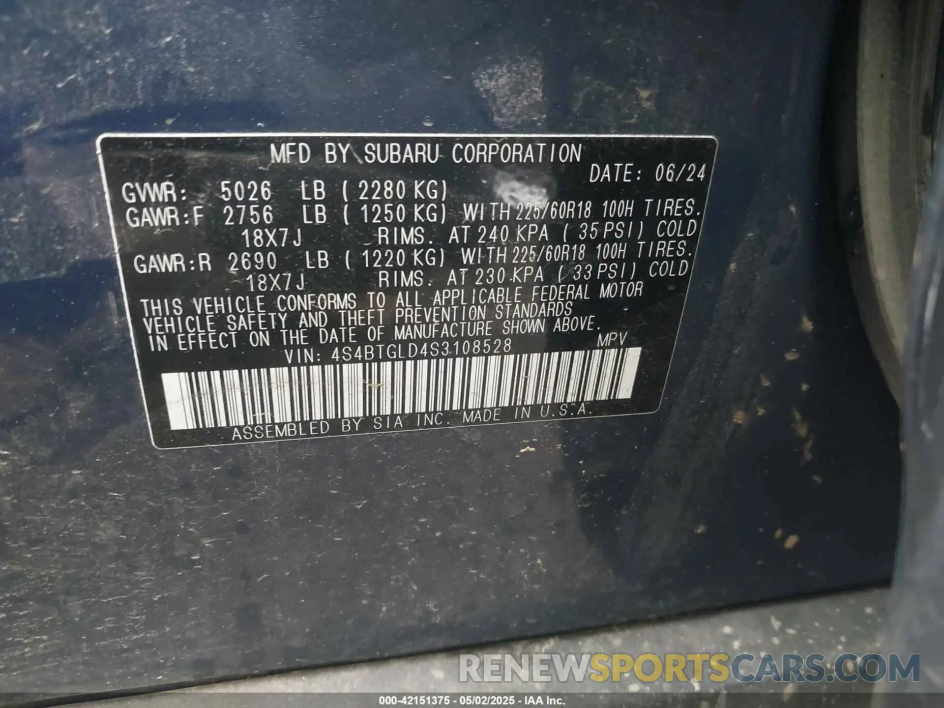 9 fotografías del automóvil dañado 4S4BTGLD4S3108528 SUBARU OUTBACK 2025