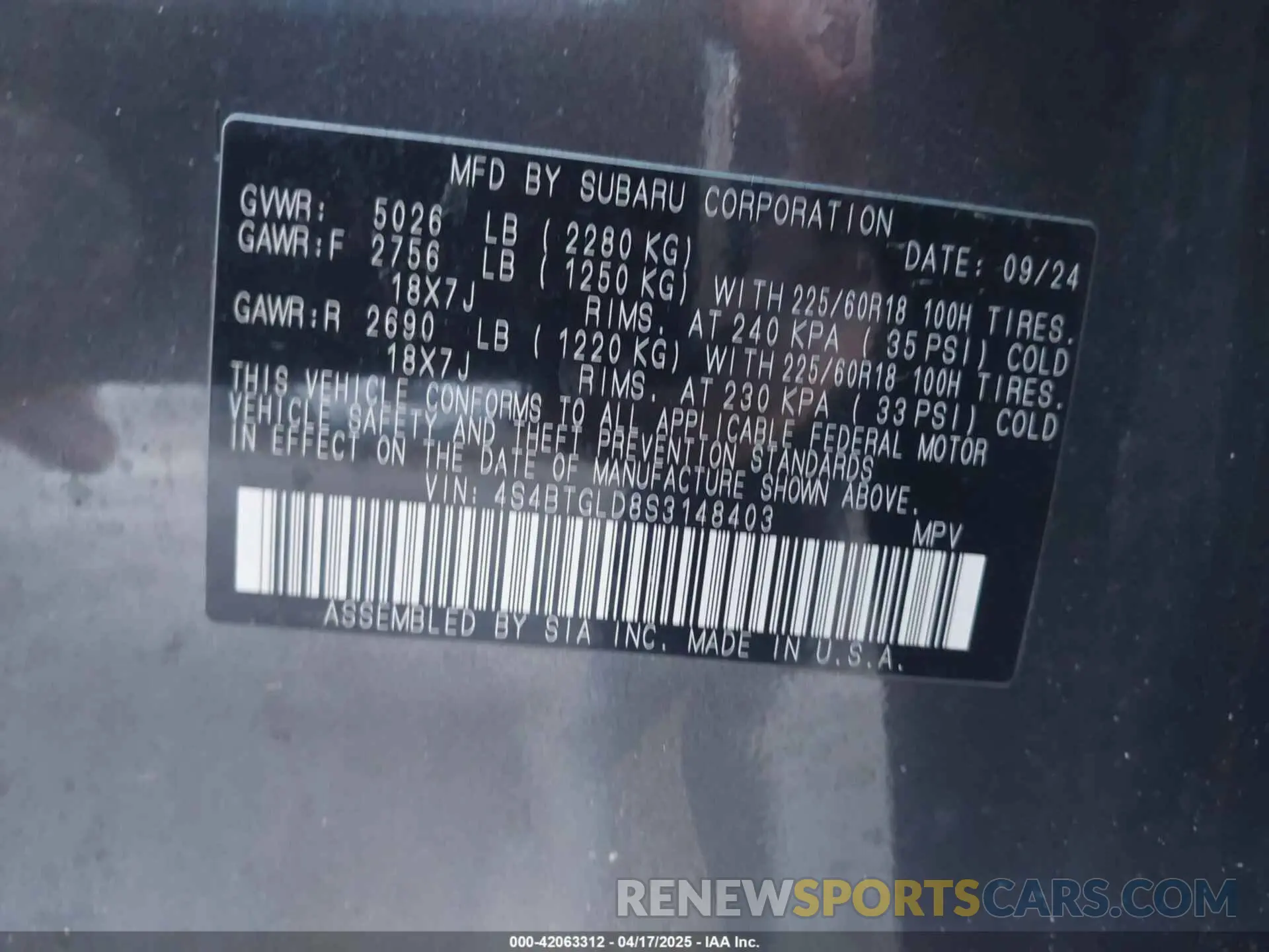 9 fotografías del automóvil dañado 4S4BTGLD8S3148403 SUBARU OUTBACK 2025