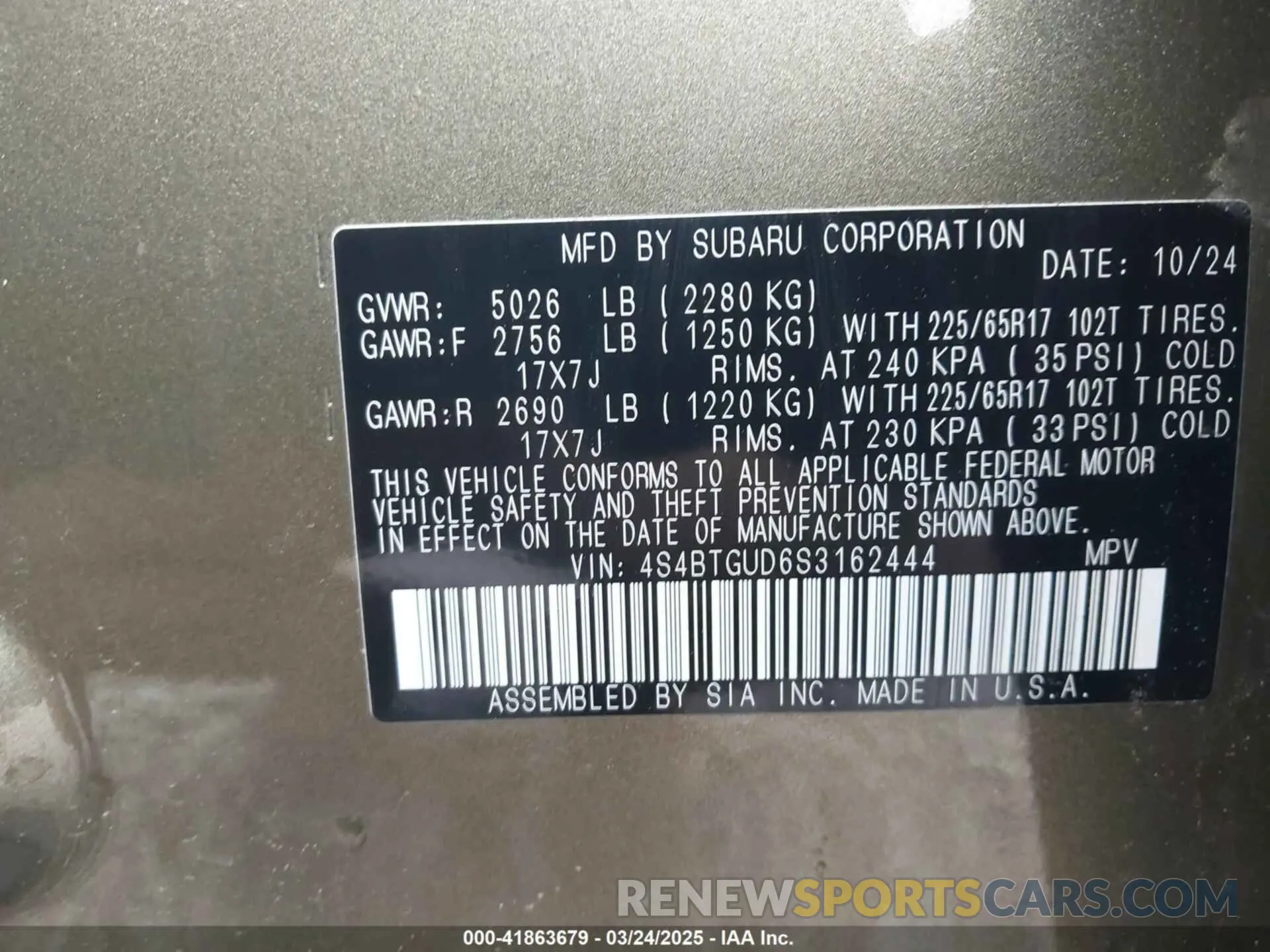 9 fotografías del automóvil dañado 4S4BTGUD6S3162444 SUBARU OUTBACK 2025