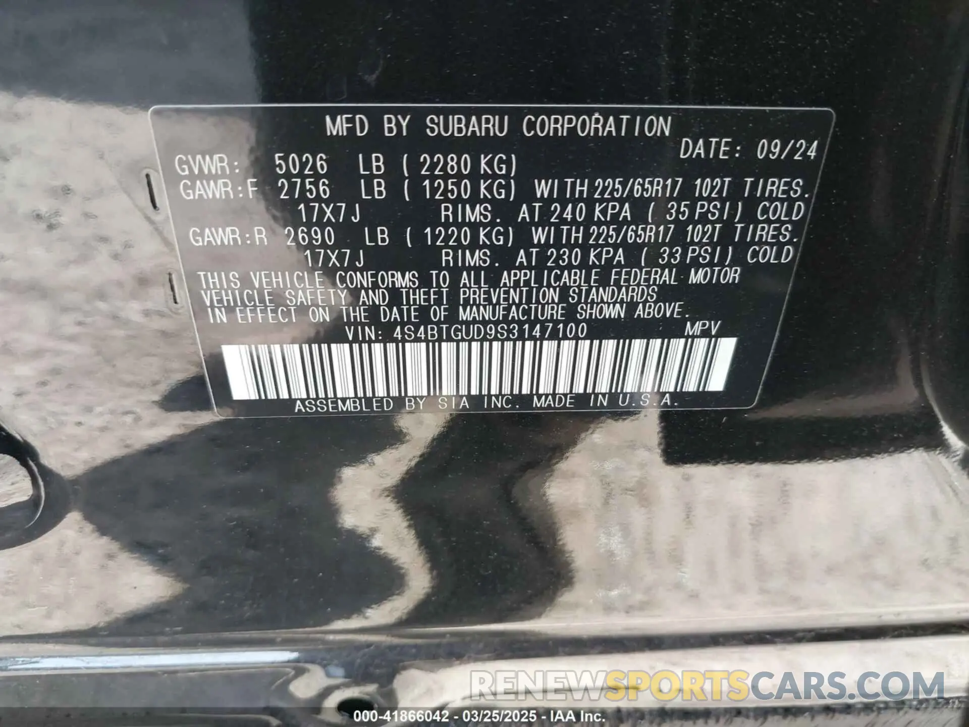 9 fotografías del automóvil dañado 4S4BTGUD9S3147100 SUBARU OUTBACK 2025