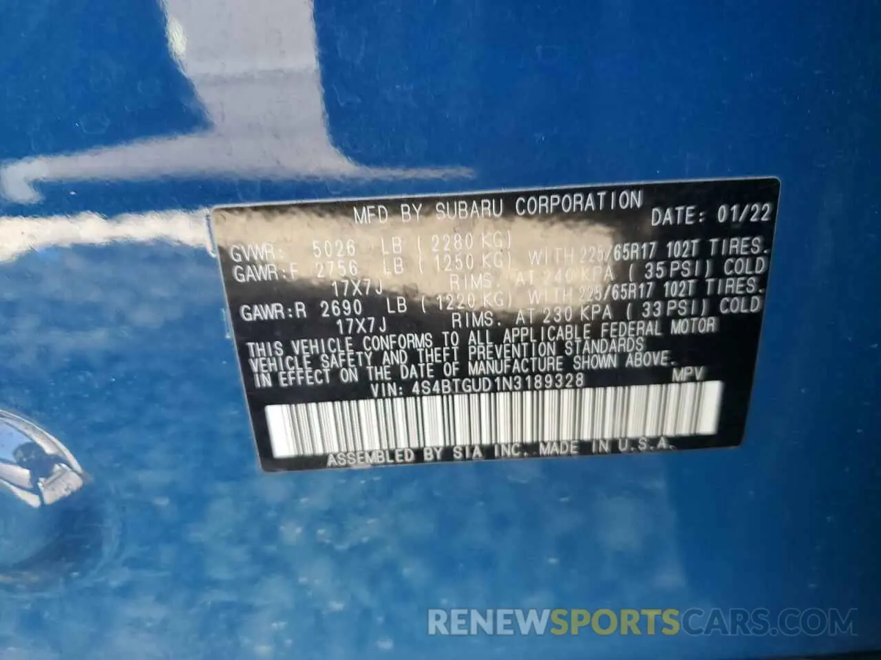 13 fotografías del automóvil dañado 4S4BTGUD1N3189328 SUBARU OUTBACK WI 2022