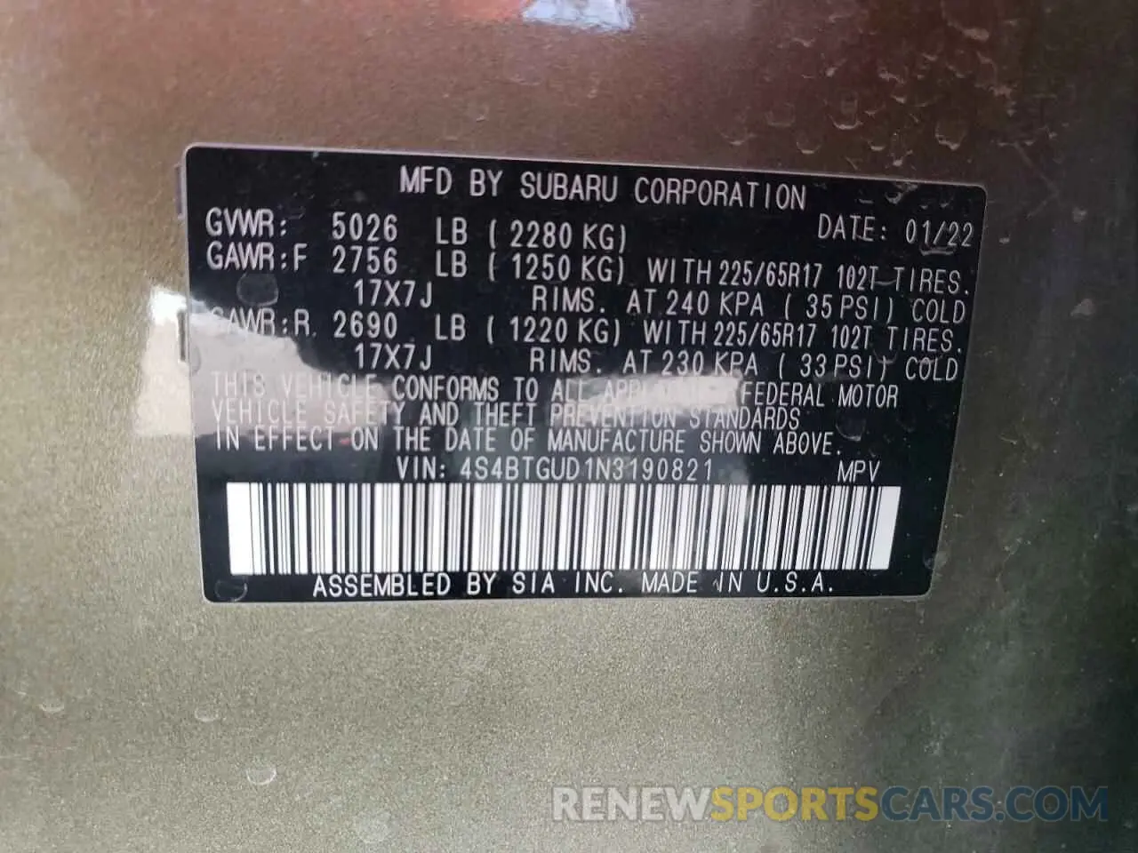 15 fotografías del automóvil dañado 4S4BTGUD1N3190821 SUBARU OUTBACK WI 2022