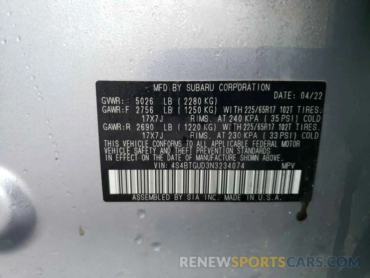 13 fotografías del automóvil dañado 4S4BTGUD3N3234074 SUBARU OUTBACK WI 2022