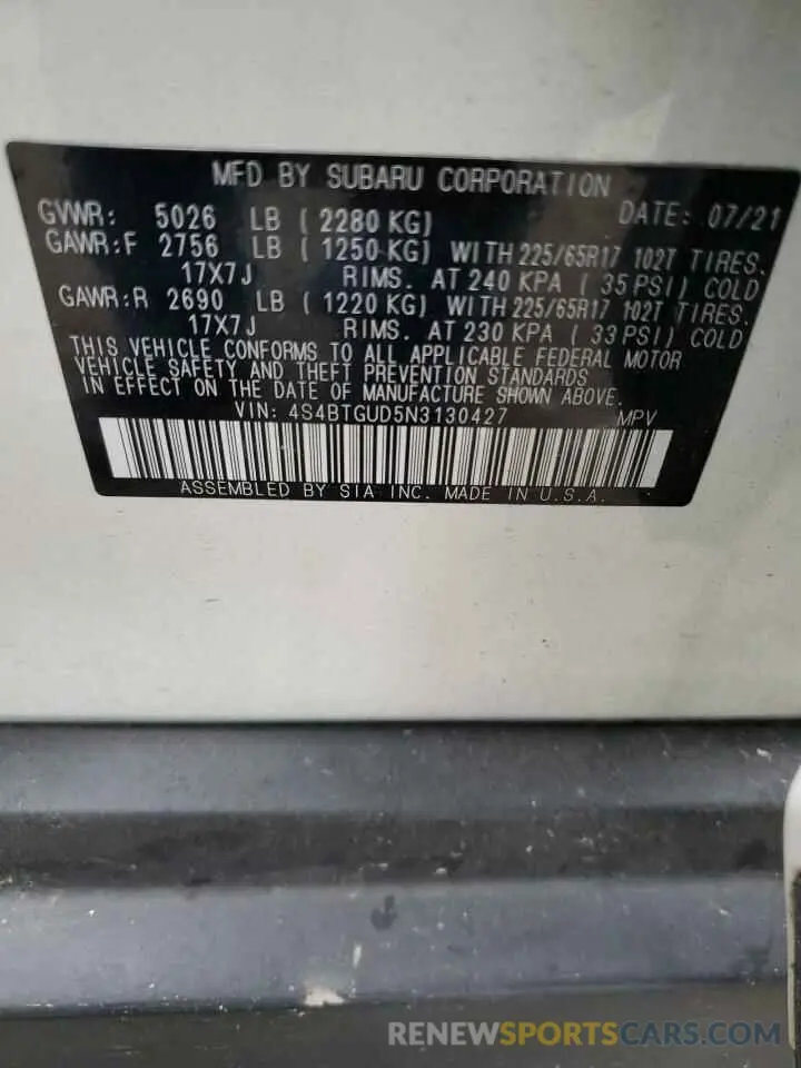 14 fotografías del automóvil dañado 4S4BTGUD5N3130427 SUBARU OUTBACK WI 2022