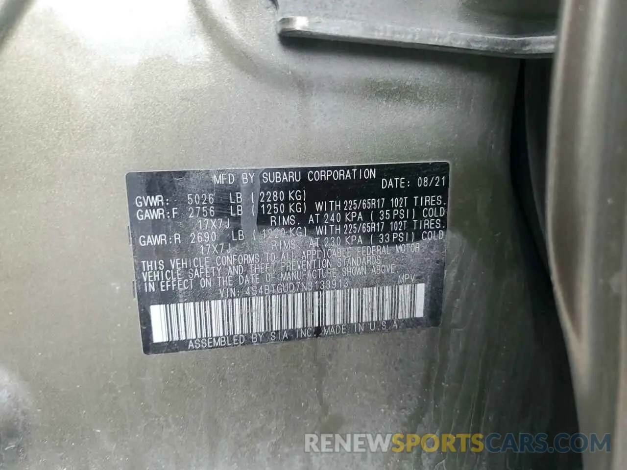 12 fotografías del automóvil dañado 4S4BTGUD7N3133913 SUBARU OUTBACK WI 2022