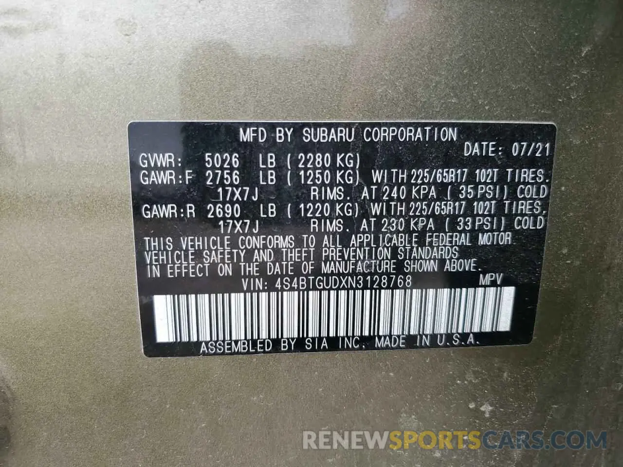 13 fotografías del automóvil dañado 4S4BTGUDXN3128768 SUBARU OUTBACK WI 2022