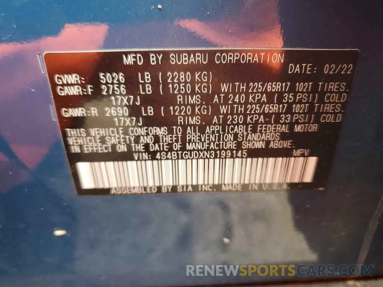 15 fotografías del automóvil dañado 4S4BTGUDXN3199145 SUBARU OUTBACK WI 2022
