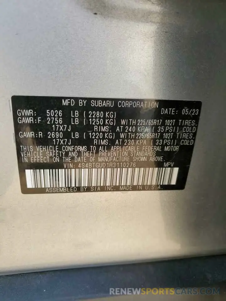 13 fotografías del automóvil dañado 4S4BTGUD1R3110276 SUBARU OUTBACK WI 2024