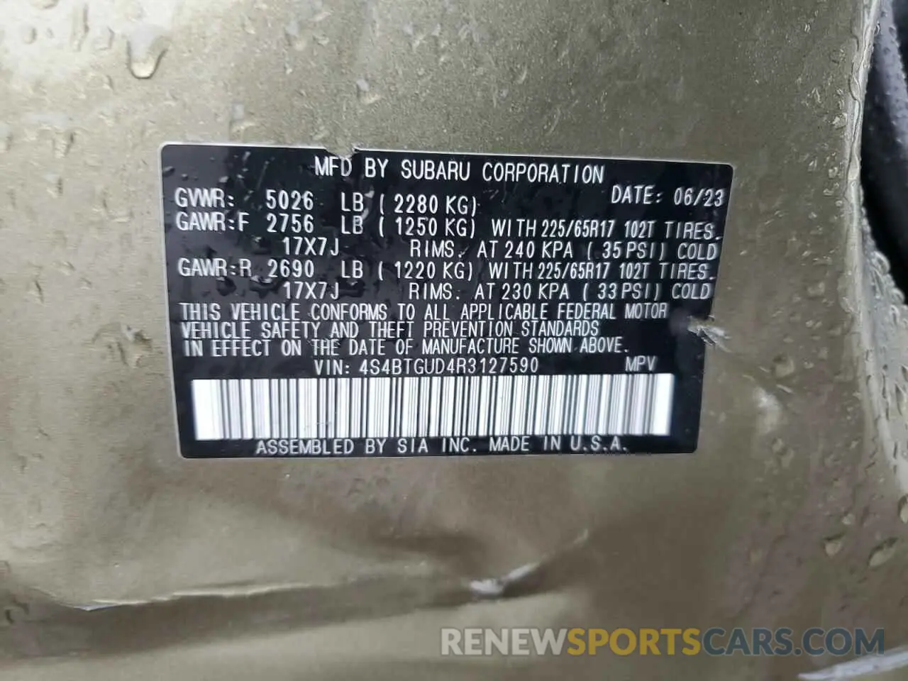 14 fotografías del automóvil dañado 4S4BTGUD4R3127590 SUBARU OUTBACK WI 2024