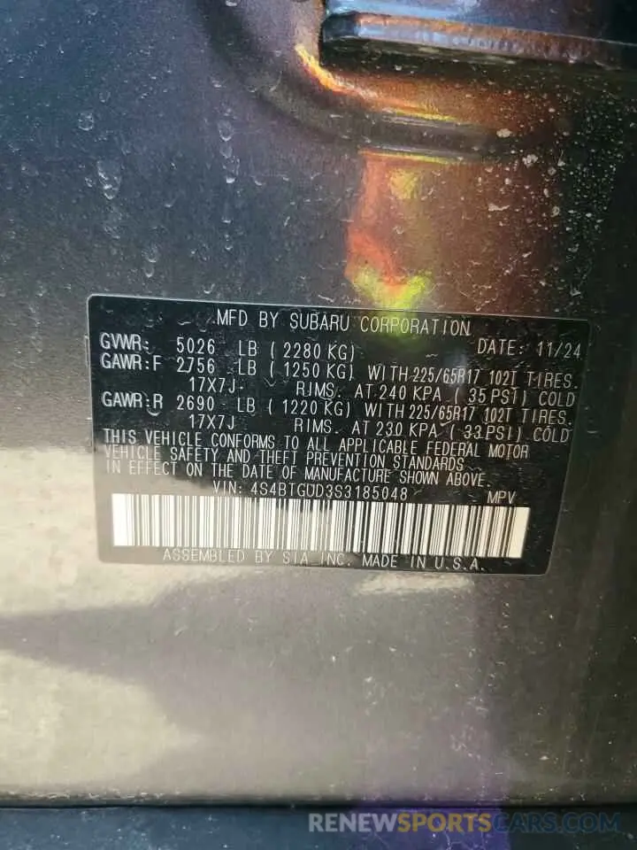 13 fotografías del automóvil dañado 4S4BTGUD3S3185048 SUBARU OUTBACK WI 2025