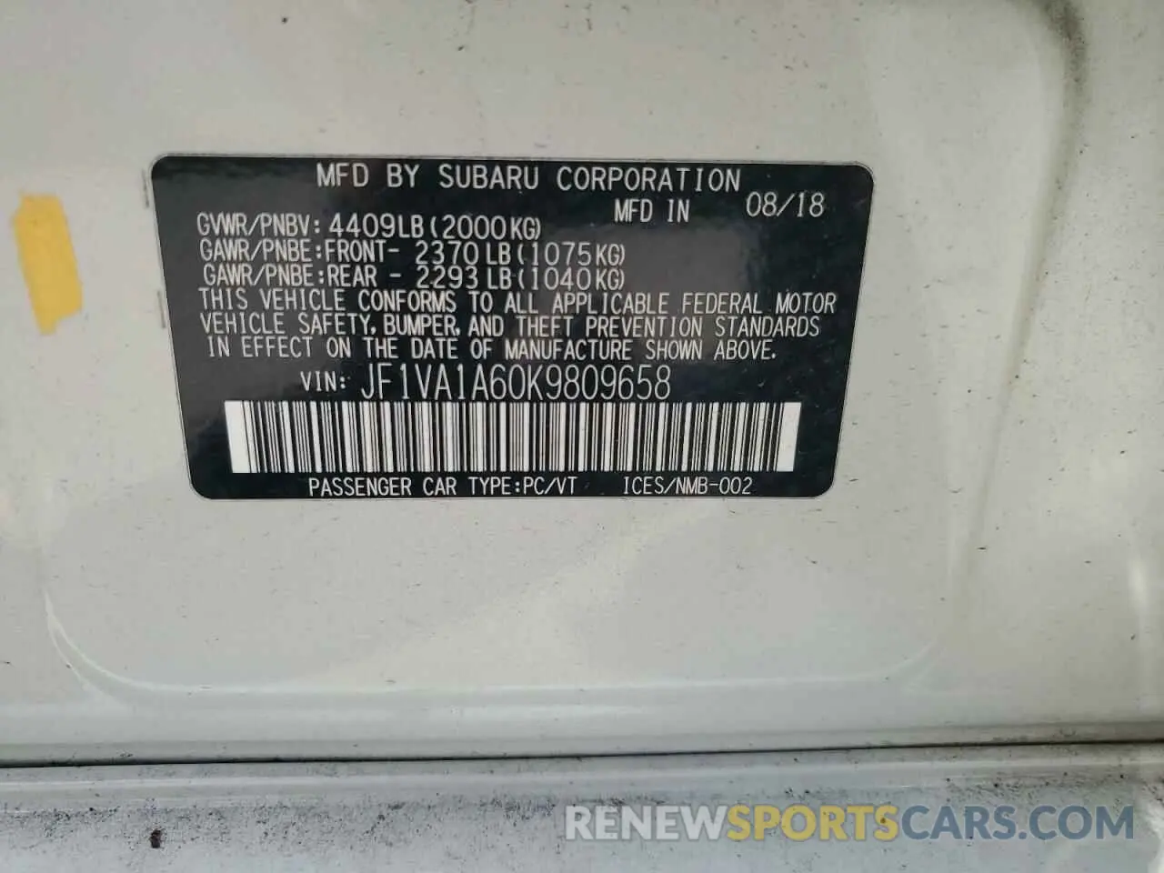 12 fotografías del automóvil dañado JF1VA1A60K9809658 SUBARU WRX 2019