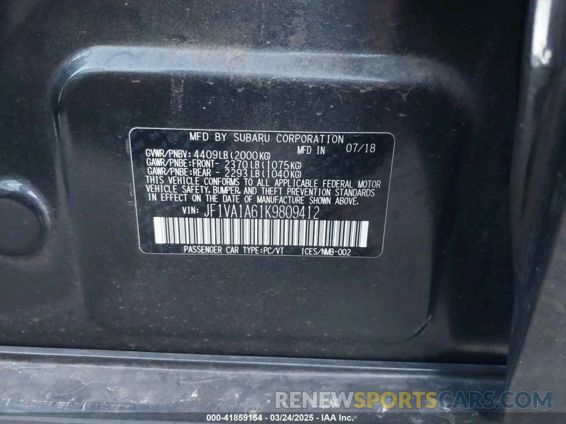9 fotografías del automóvil dañado JF1VA1A61K9809412 SUBARU WRX 2019