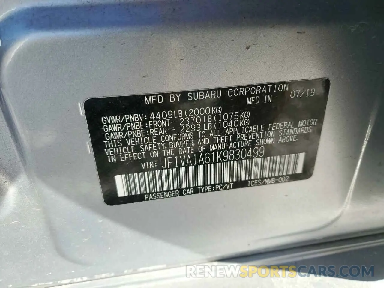 12 fotografías del automóvil dañado JF1VA1A61K9830499 SUBARU WRX 2019