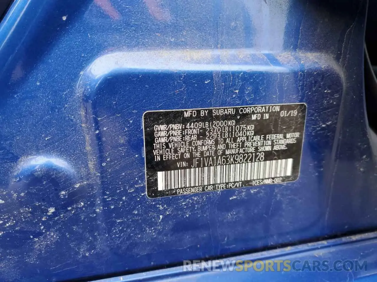12 fotografías del automóvil dañado JF1VA1A63K9822128 SUBARU WRX 2019