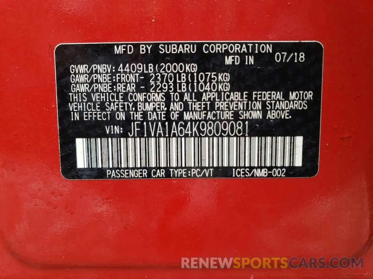 12 fotografías del automóvil dañado JF1VA1A64K9809081 SUBARU WRX 2019