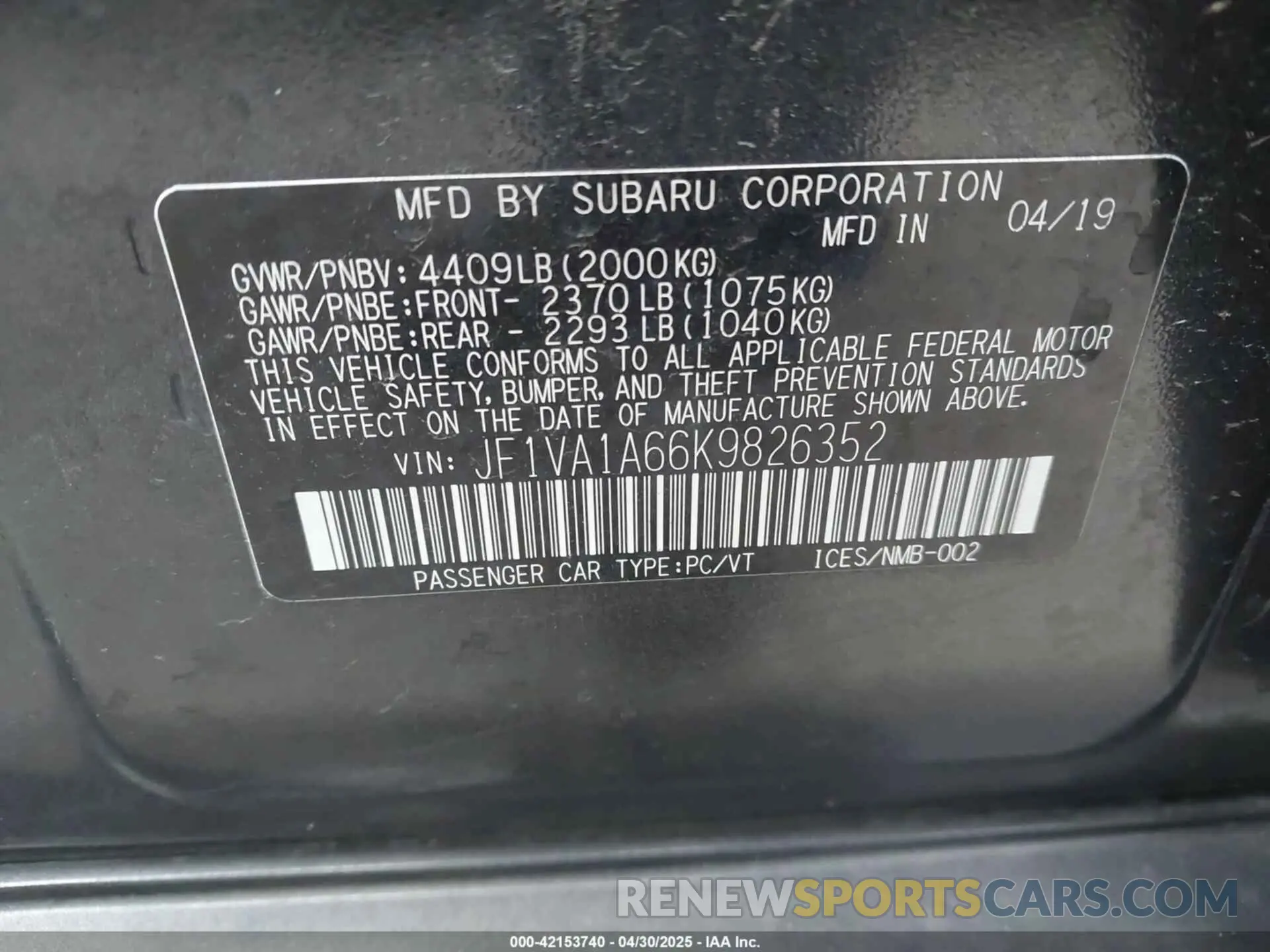 9 fotografías del automóvil dañado JF1VA1A66K9826352 SUBARU WRX 2019