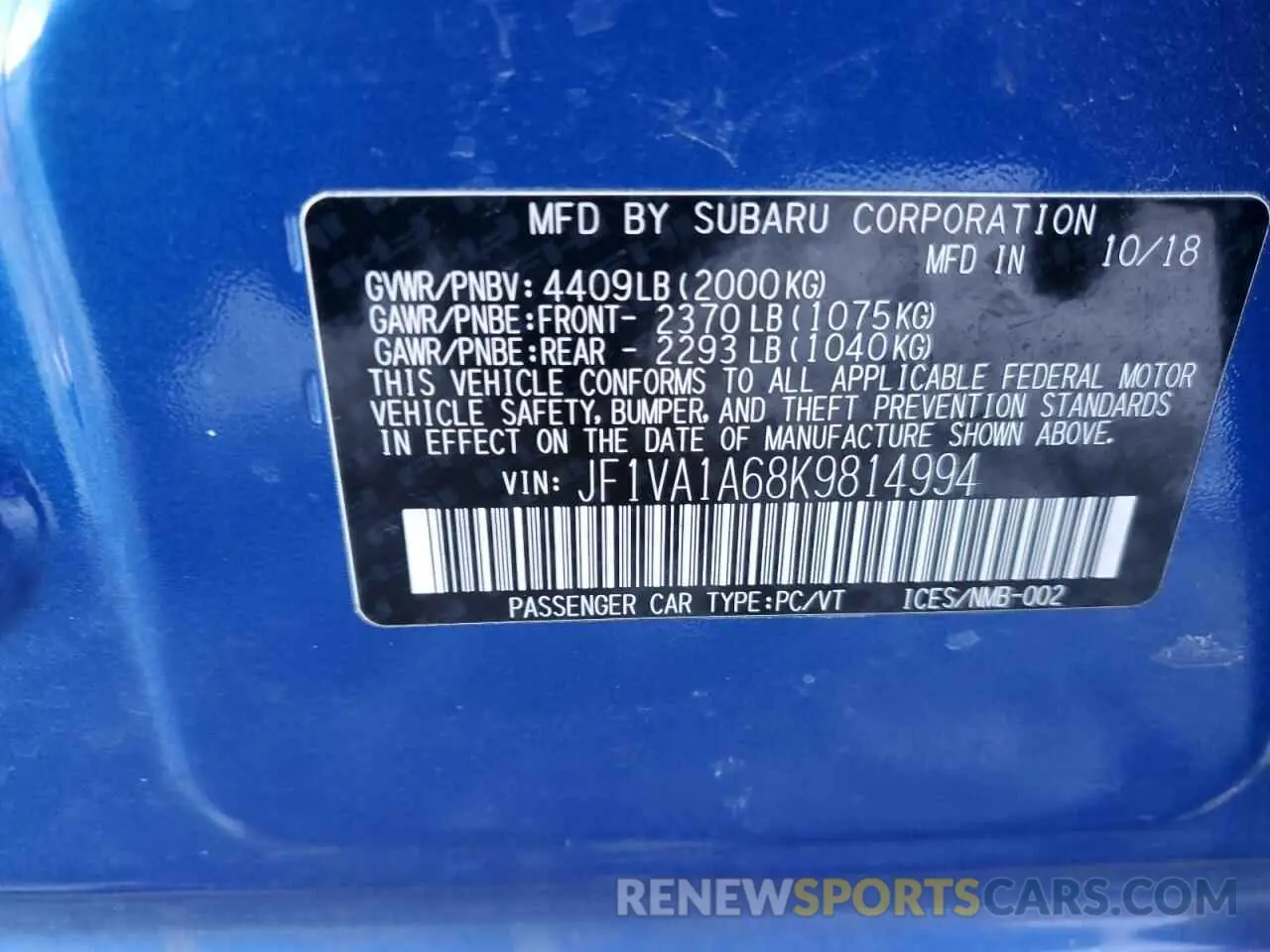 12 fotografías del automóvil dañado JF1VA1A68K9814994 SUBARU WRX 2019