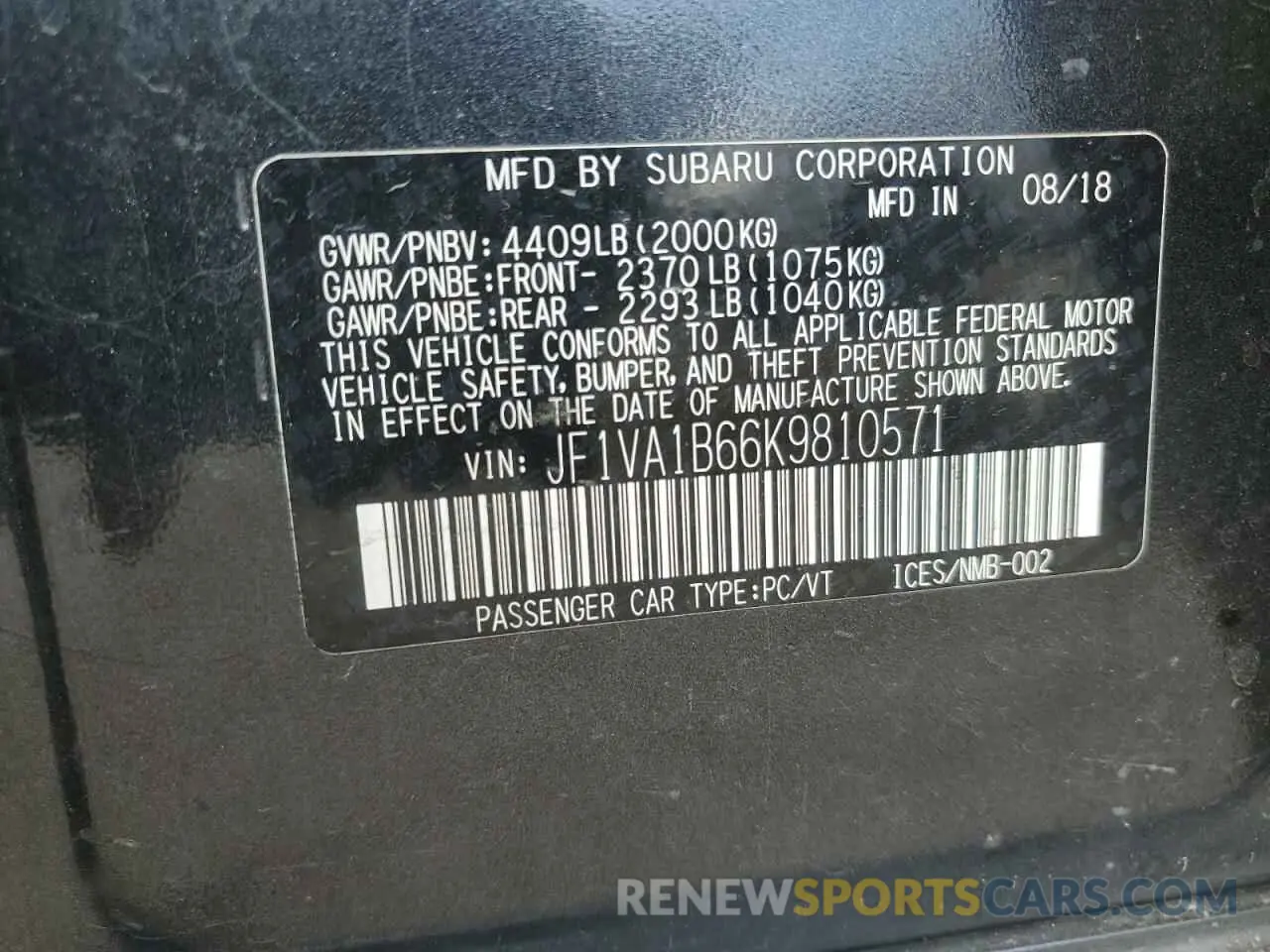 12 fotografías del automóvil dañado JF1VA1B66K9810571 SUBARU WRX 2019