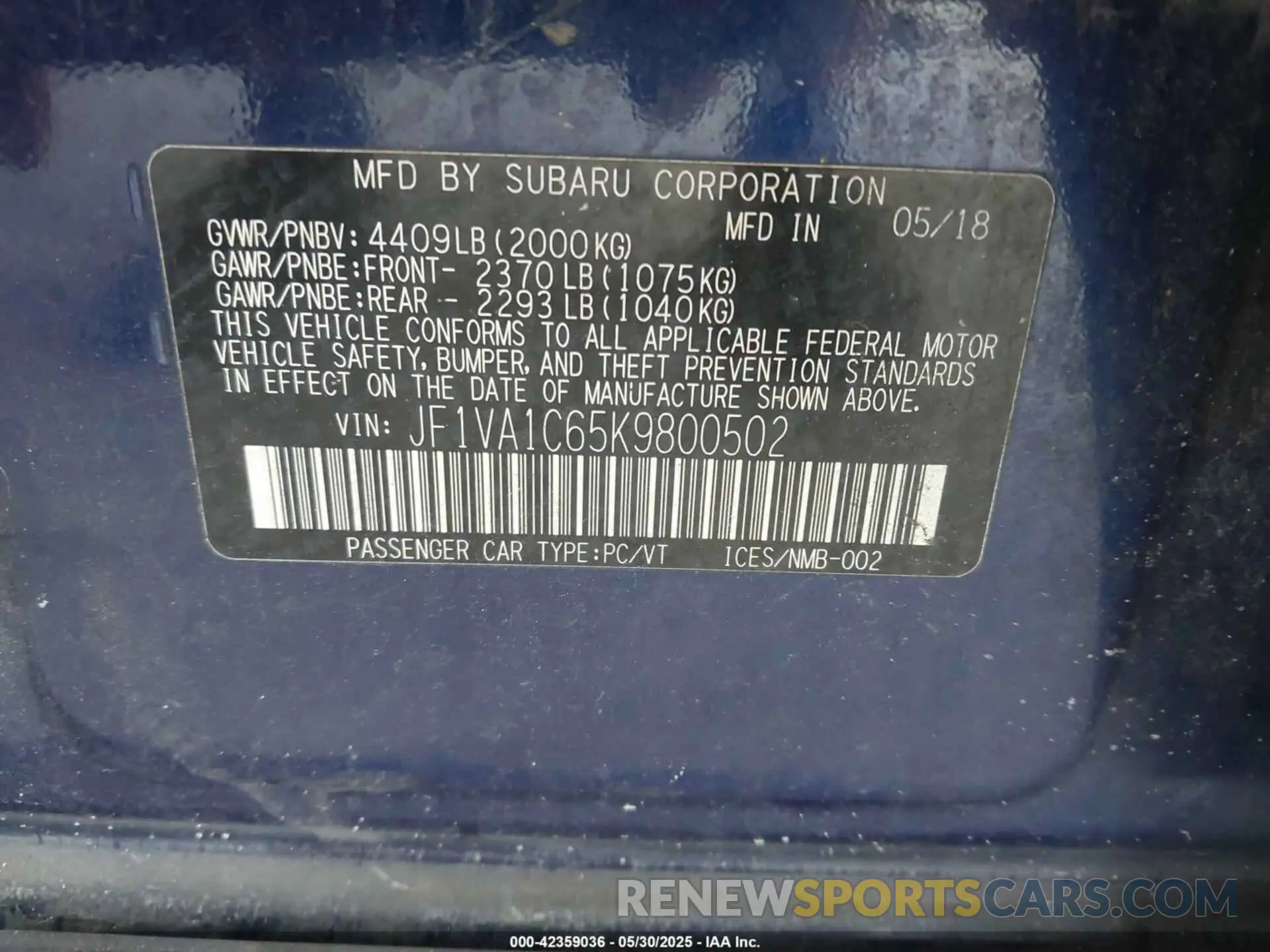 9 fotografías del automóvil dañado JF1VA1C65K9800502 SUBARU WRX 2019