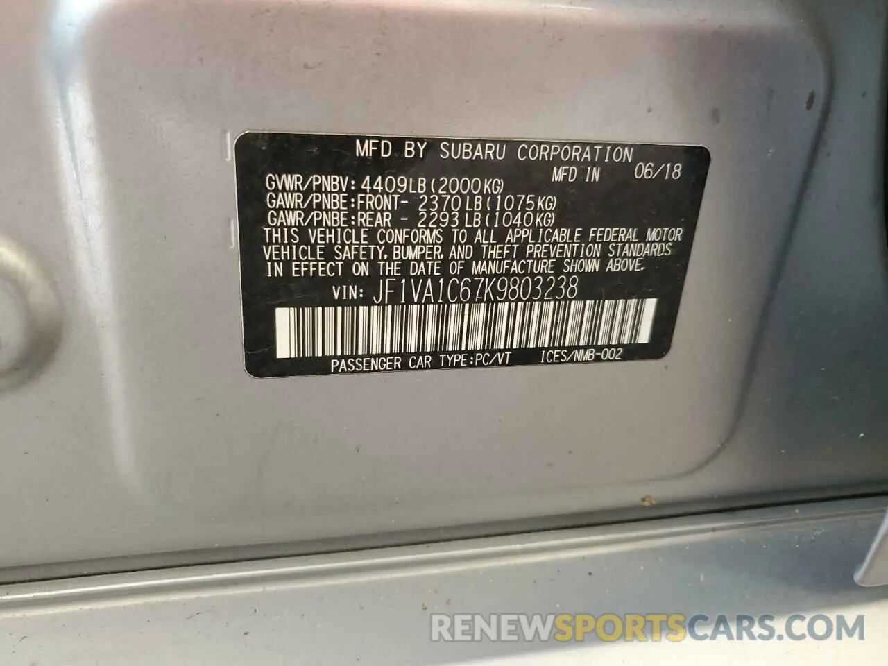 13 fotografías del automóvil dañado JF1VA1C67K9803238 SUBARU WRX 2019