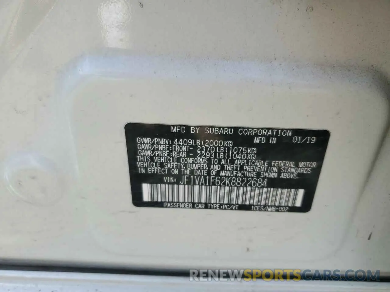 12 fotografías del automóvil dañado JF1VA1F62K8822684 SUBARU WRX 2019