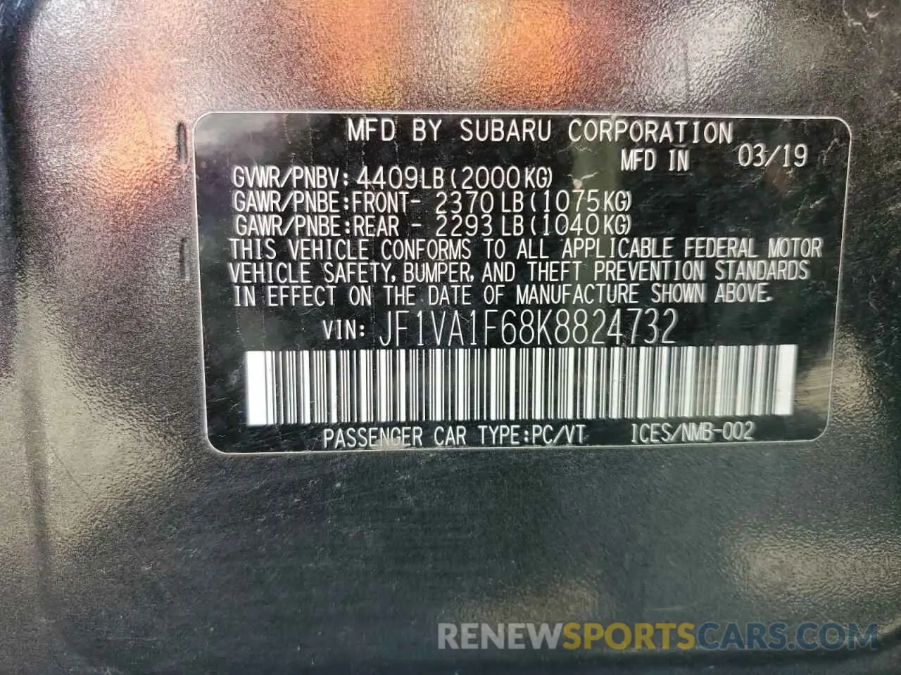12 fotografías del automóvil dañado JF1VA1F68K8824732 SUBARU WRX 2019