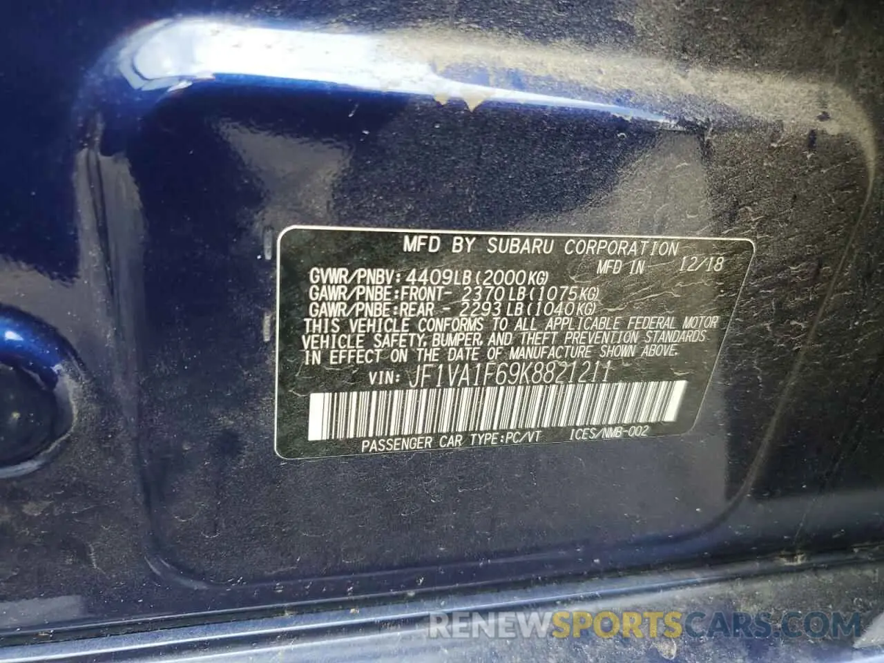 12 fotografías del automóvil dañado JF1VA1F69K8821211 SUBARU WRX 2019