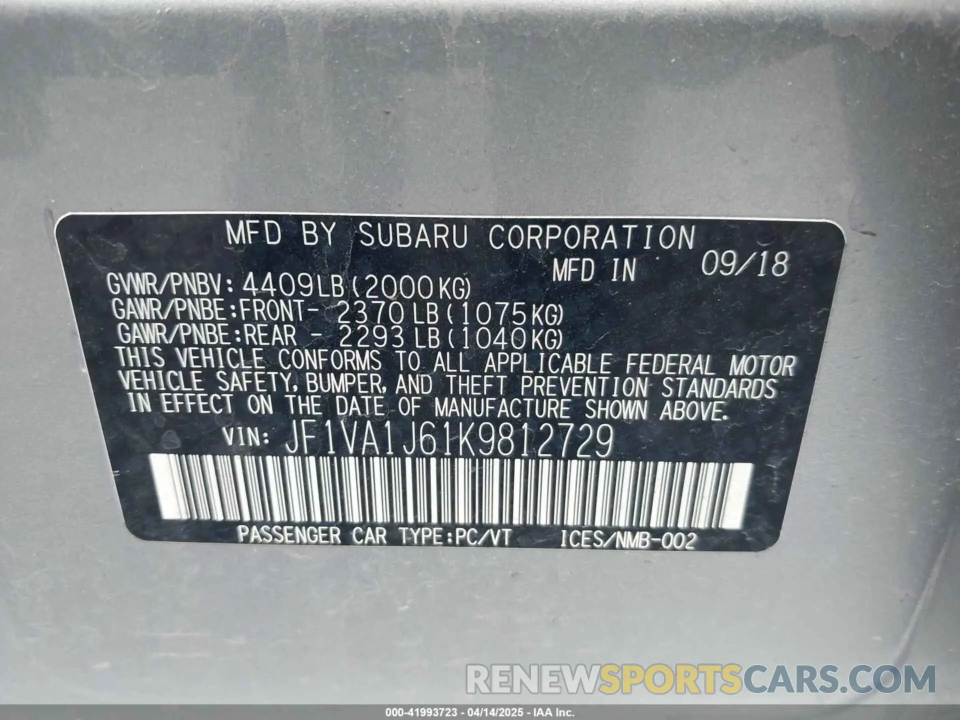 9 fotografías del automóvil dañado JF1VA1J61K9812729 SUBARU WRX 2019