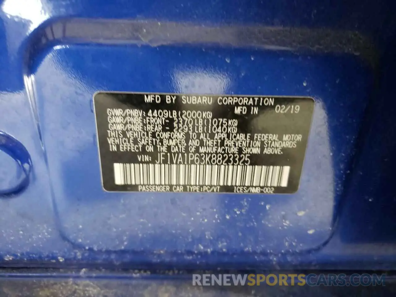 12 fotografías del automóvil dañado JF1VA1P63K8823325 SUBARU WRX 2019