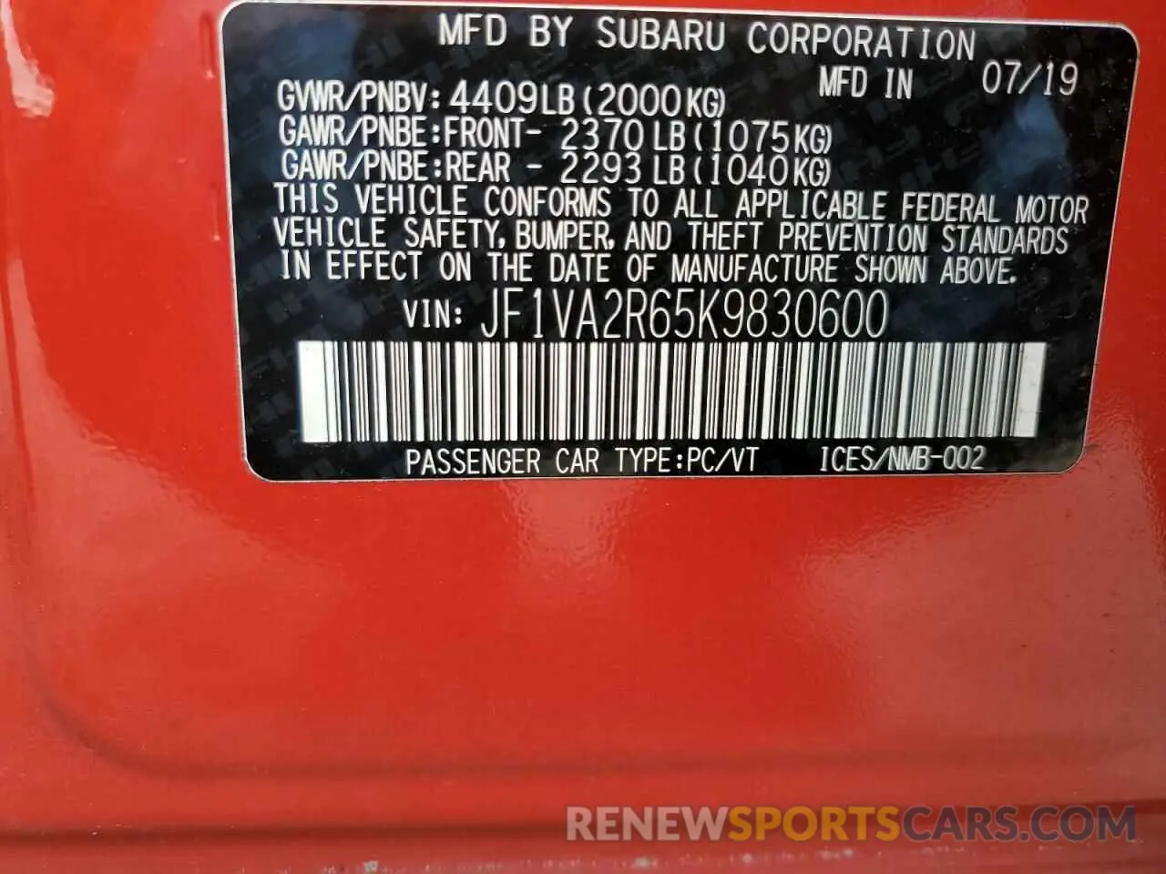 13 fotografías del automóvil dañado JF1VA2R65K9830600 SUBARU WRX 2019