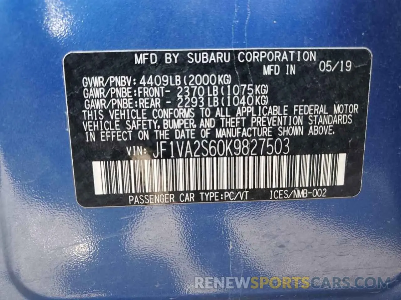 12 fotografías del automóvil dañado JF1VA2S60K9827503 SUBARU WRX 2019