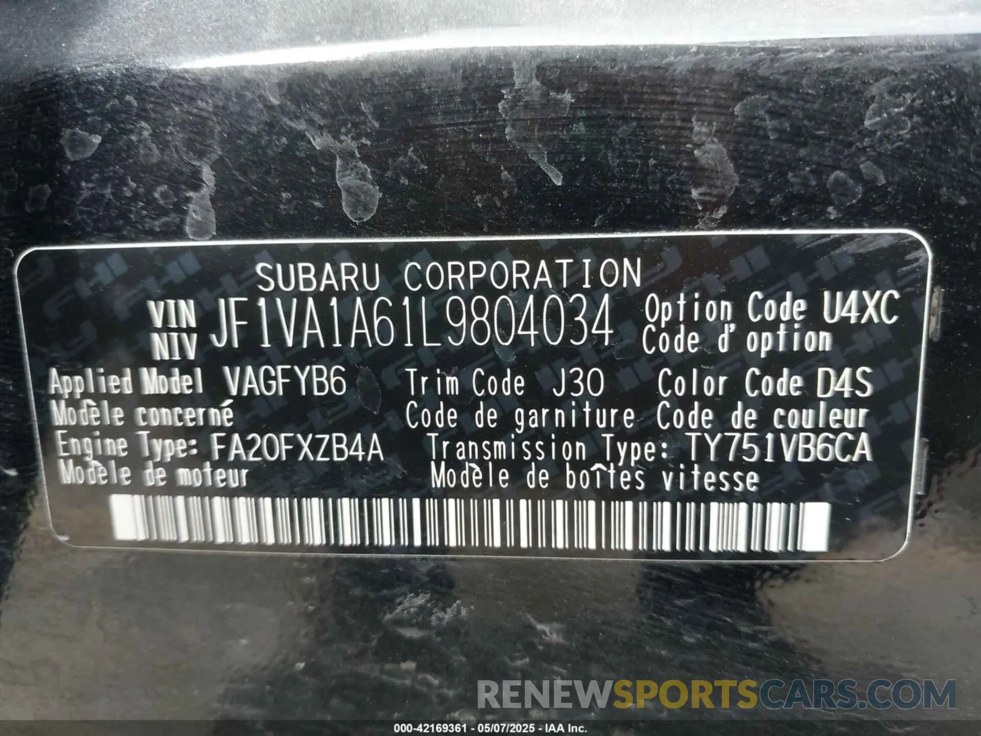 9 fotografías del automóvil dañado JF1VA1A61L9804034 SUBARU WRX 2020