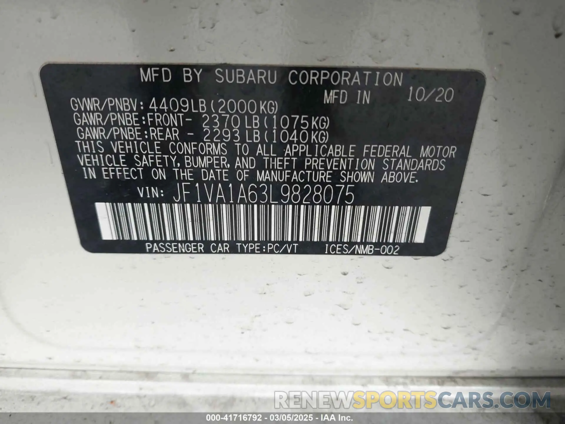 9 fotografías del automóvil dañado JF1VA1A63L9828075 SUBARU WRX 2020