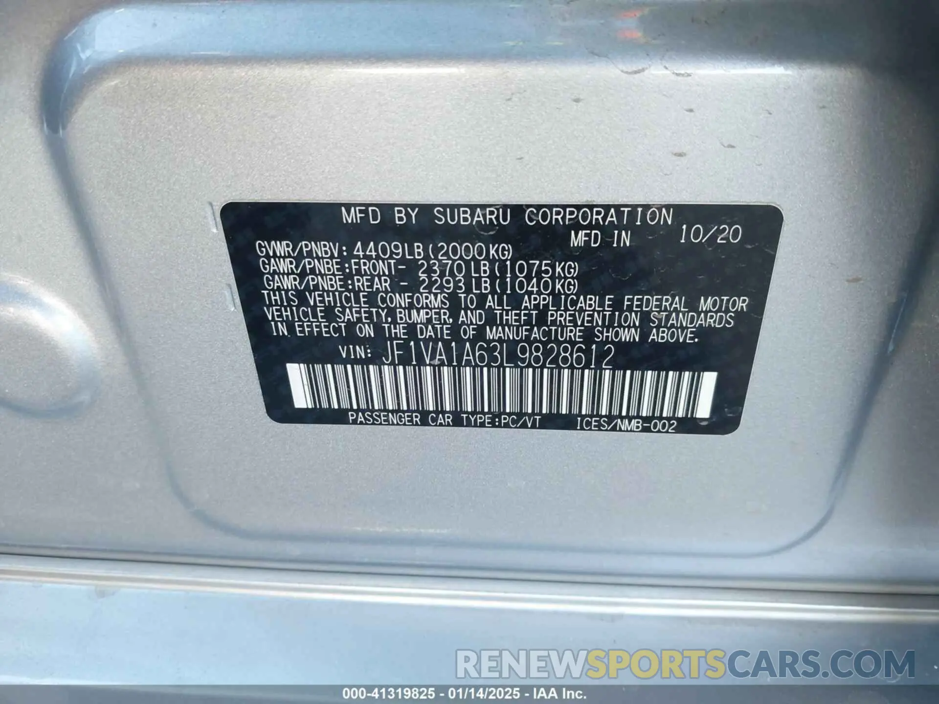 9 fotografías del automóvil dañado JF1VA1A63L9828612 SUBARU WRX 2020