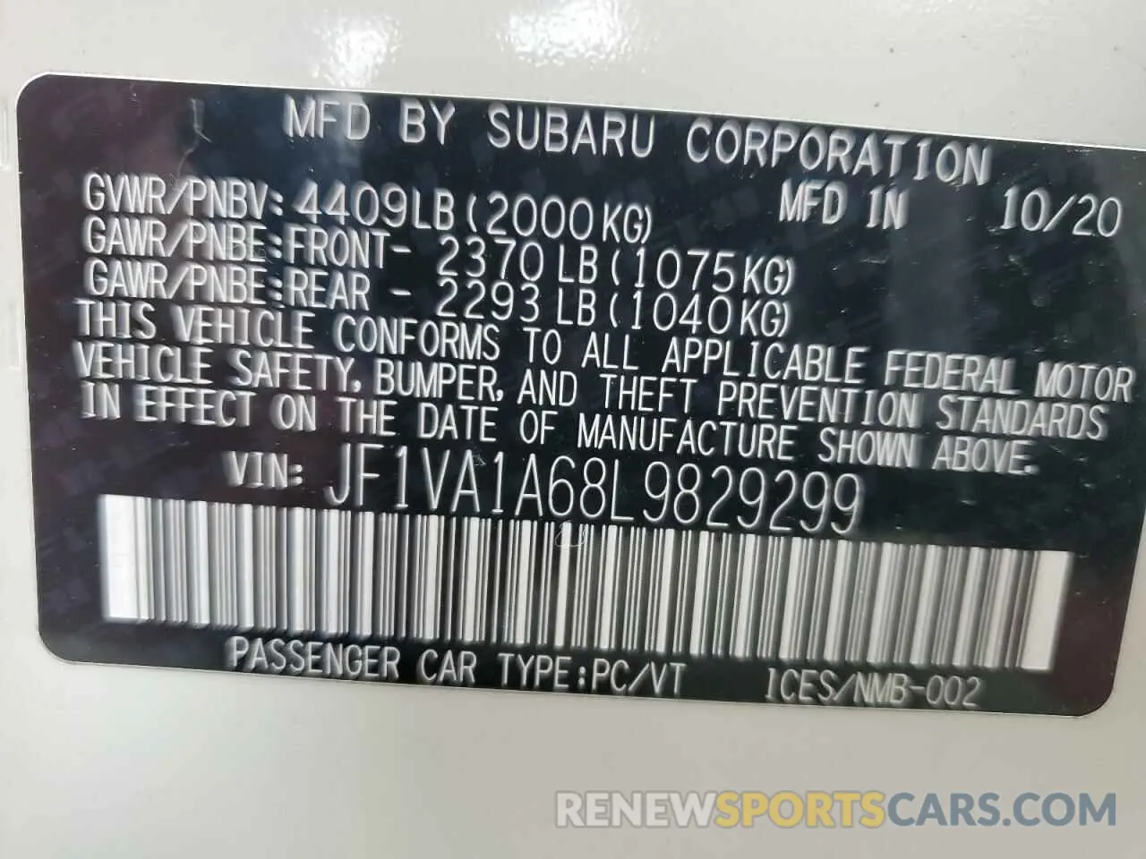 12 fotografías del automóvil dañado JF1VA1A68L9829299 SUBARU WRX 2020