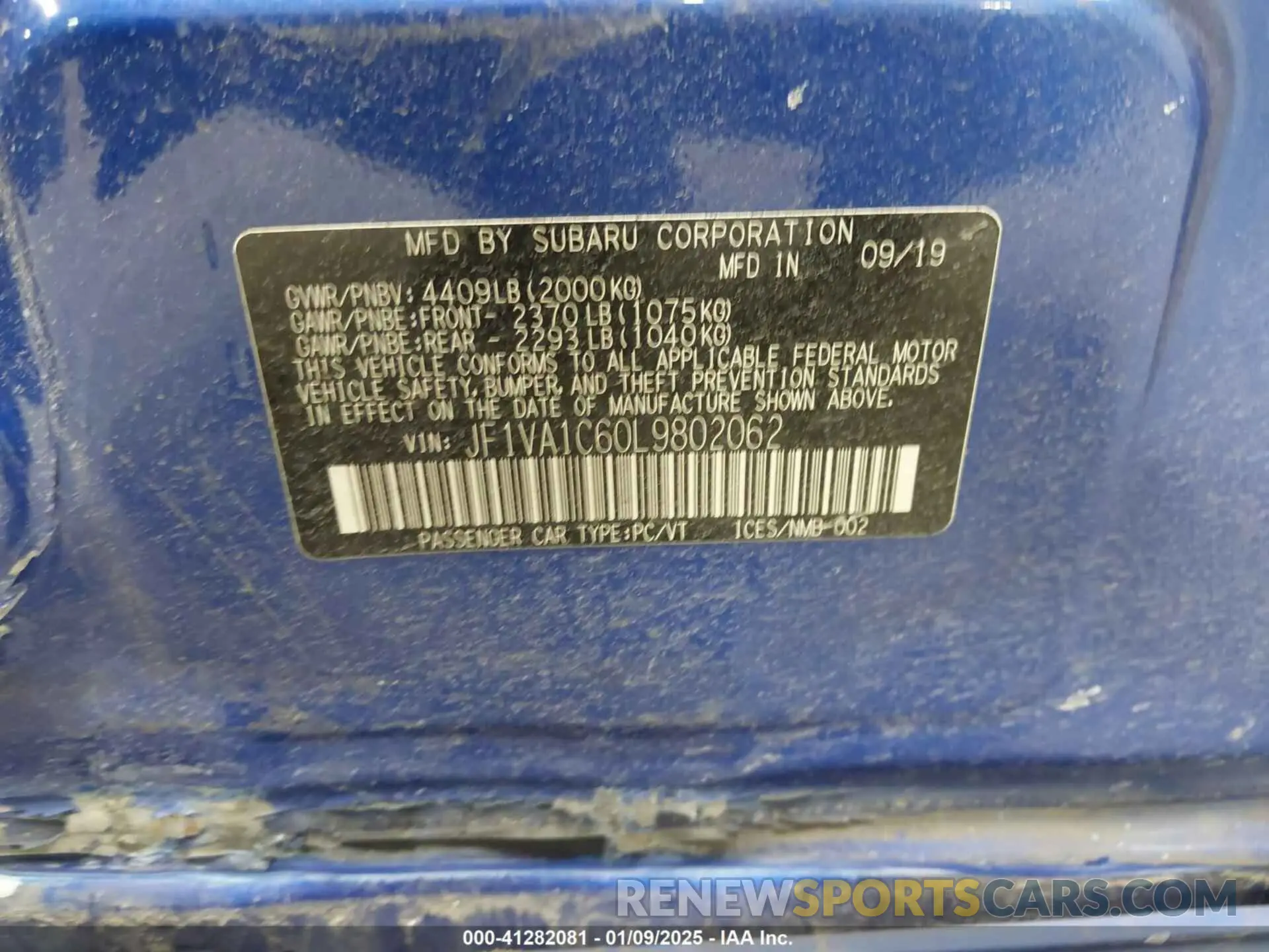 9 fotografías del automóvil dañado JF1VA1C60L9802062 SUBARU WRX 2020