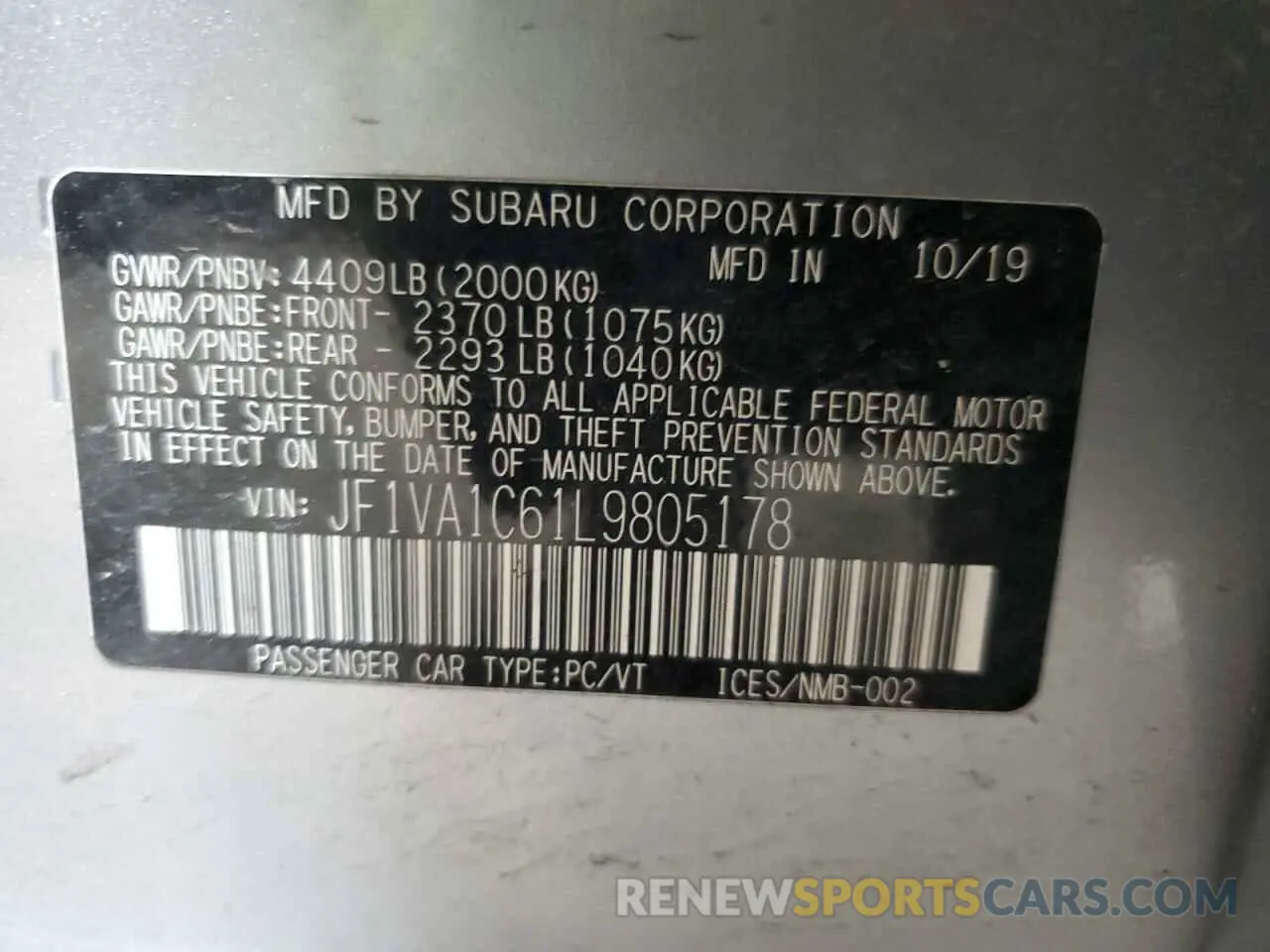 12 fotografías del automóvil dañado JF1VA1C61L9805178 SUBARU WRX 2020