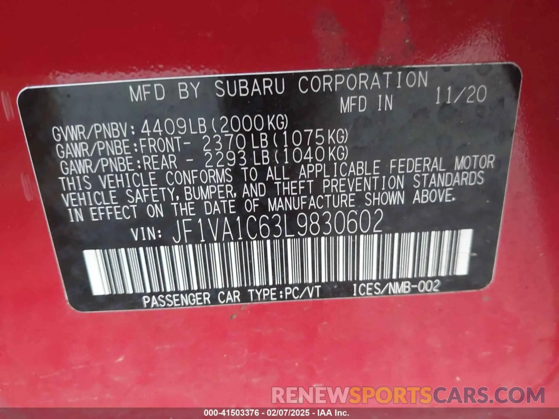 9 fotografías del automóvil dañado JF1VA1C63L9830602 SUBARU WRX 2020