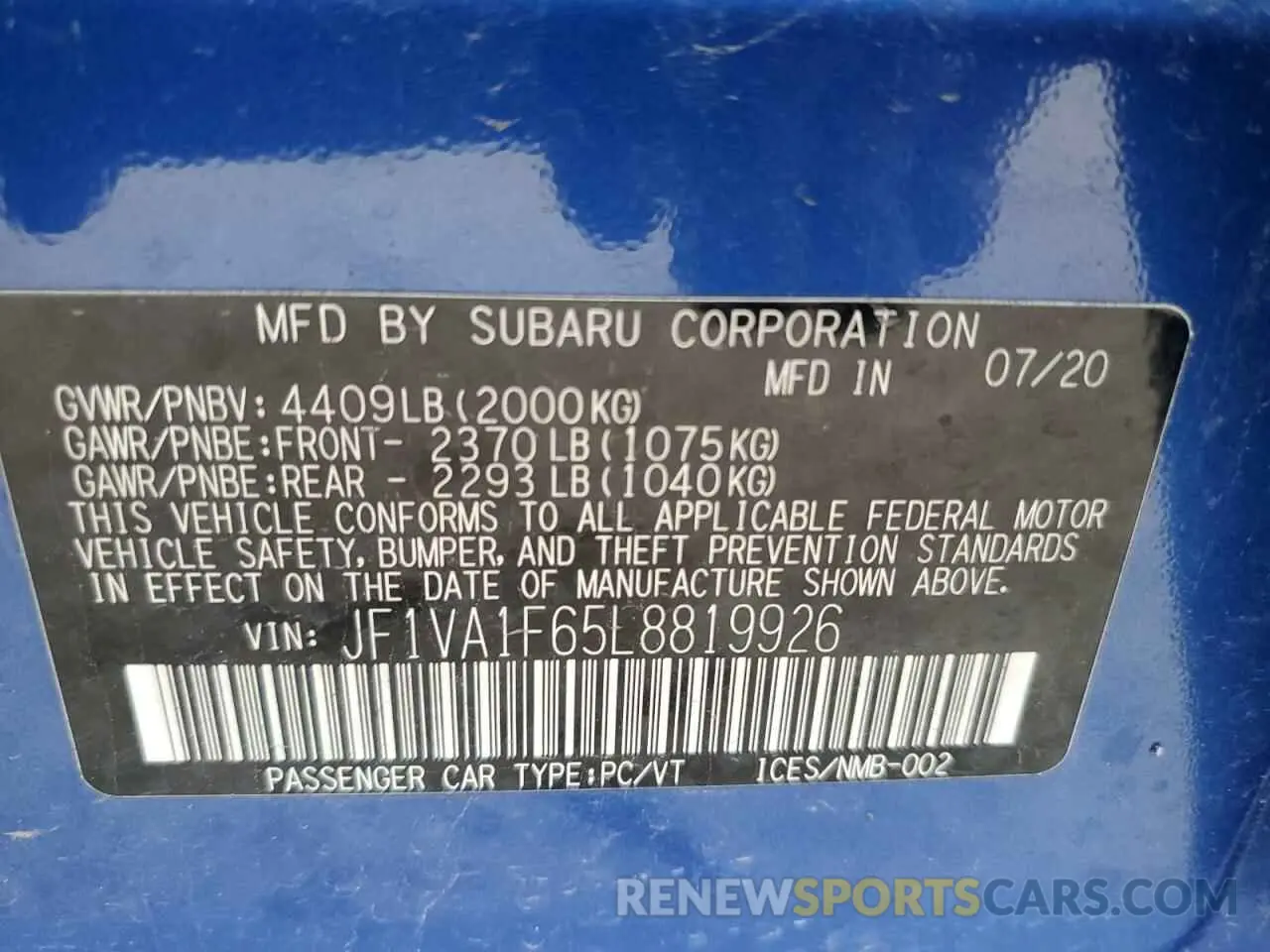 12 fotografías del automóvil dañado JF1VA1F65L8819926 SUBARU WRX 2020