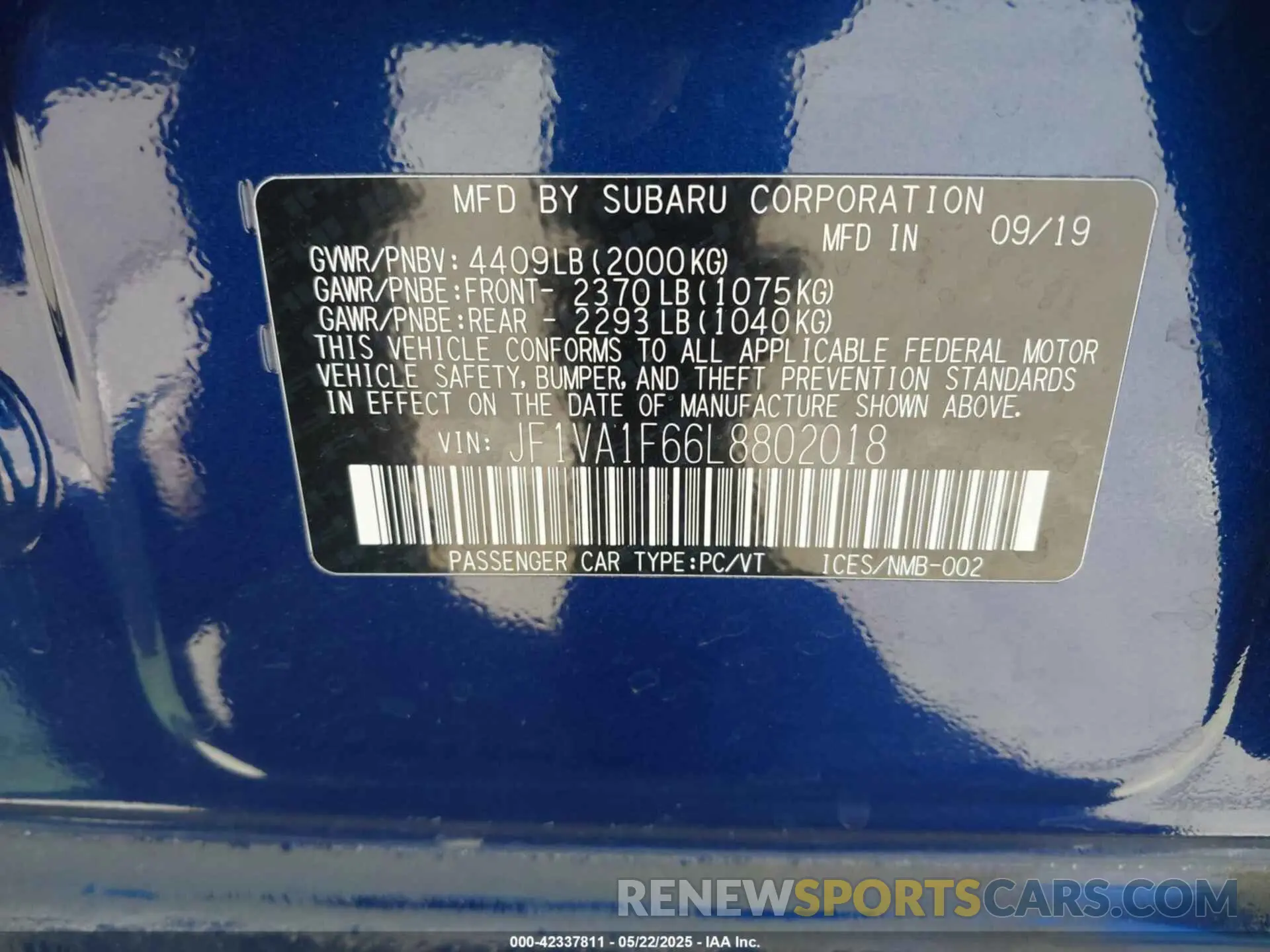 9 fotografías del automóvil dañado JF1VA1F66L8802018 SUBARU WRX 2020